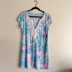 Lilly Pulitzer Blue + White Embroidered V Neck Brewster Shift Dress XL Resort
